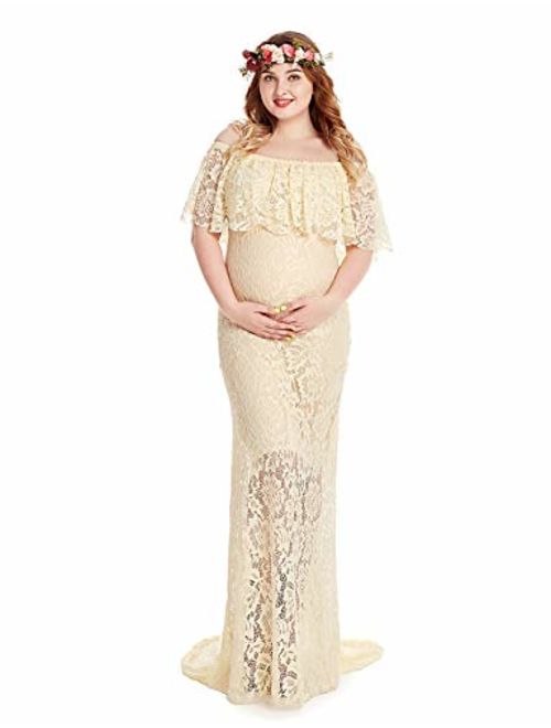 Women's Off Shoulder Short Sleeve Ruffles Lace Maternity Gown Maxi Photography Dress