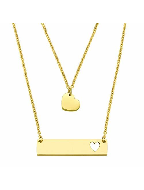 JJTZX Mother Daughter Bar Necklace Set Horizontal Bar Necklace with Cutout Heart Mommy and Me Bar Necklace Set First Day of Kindergarten Gift