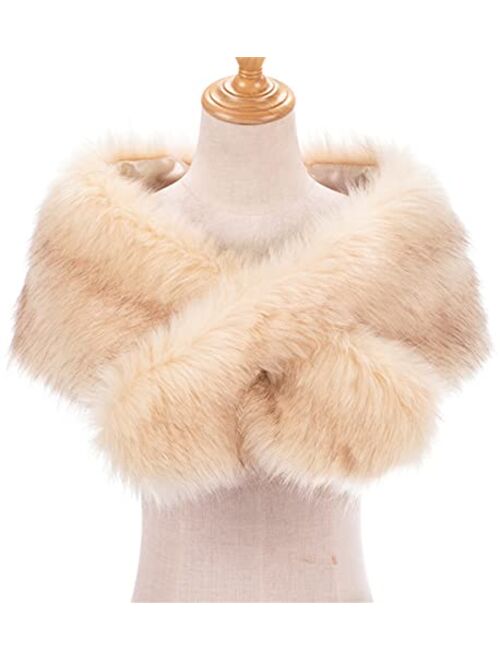 Lucky Leaf Women Winter Faux Fur Ornate Scarf Wrap Collar Shrug for Cocktail Reception Party