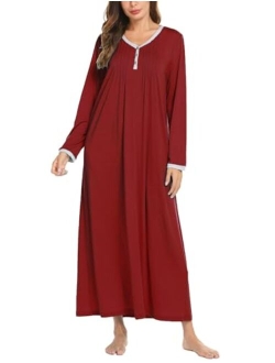 Womens Nightshirt Long Sleeves Nightgown, Casual Button Up Sleepwear Henley Full Length Sleep Dress
