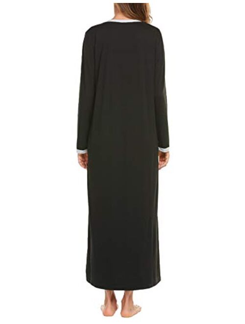 Ekouaer Womens Nightshirt Long Sleeves Nightgown, Casual Button Up Sleepwear Henley Full Length Sleep Dress