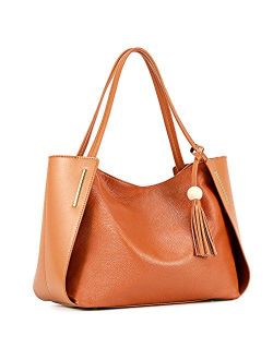 Kattee Women's Genuine Leather Tote Handbags, Top handle Purses with Tassel Decoration