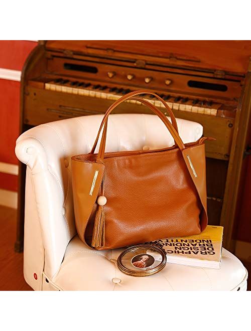Kattee Women's Genuine Leather Tote Handbags, Top handle Purses with Tassel Decoration