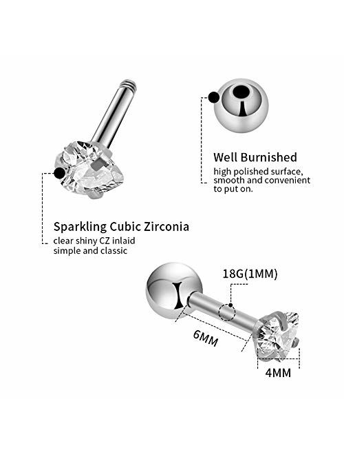 CrazyPiercing 2pcs Unisex Clear Cubic Zirconia Gem Stainlss Steel Barbell Earring/Cartilage Helix Earring/Stud Earring/Labret Studs