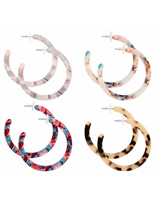 Finrezio 4 Pairs Mottled Acrylic Hoop Earrings for Women Circle Hoop Stud Earrings Set Bohemian Statement Earrings Fashion Jewelry