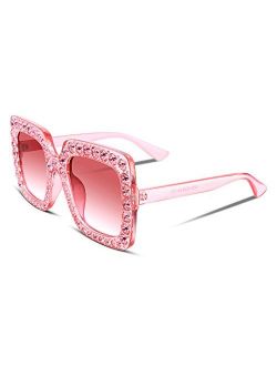 Women Sparkling Crystal Sunglasses Oversized Square Thick Frame B2283
