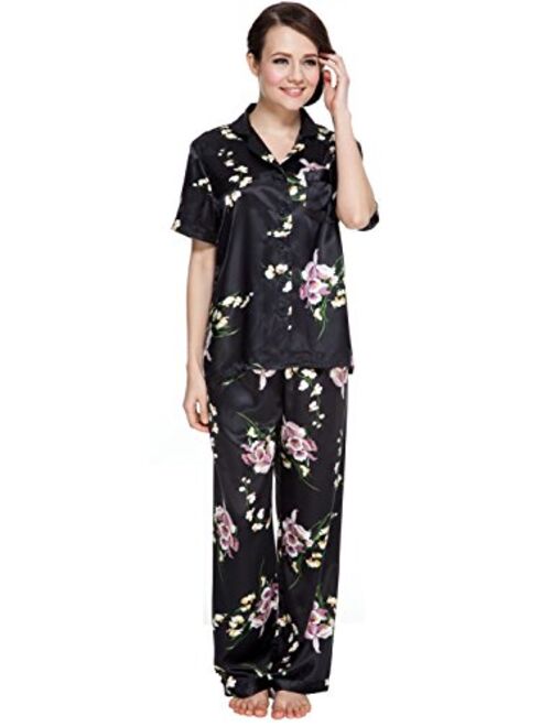 Lavenderi Womens Short Sleeve Classtic Satin Pajama Set