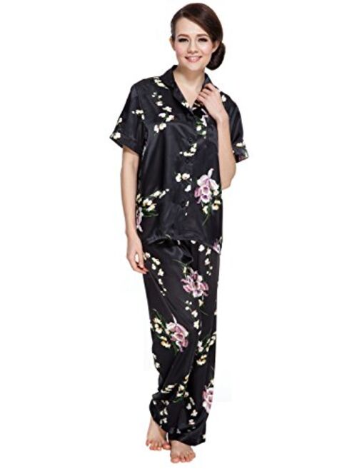 Lavenderi Women's Short Sleeve Classtic Satin Pajama Set