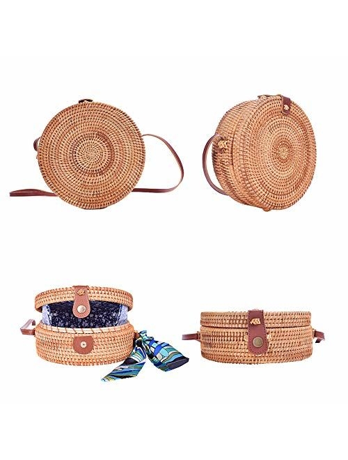 Round Rattan Bags, Handmade Bali Ata Straw Woven Circle Crossbody Handag for Women with Shoulder Leather Strap