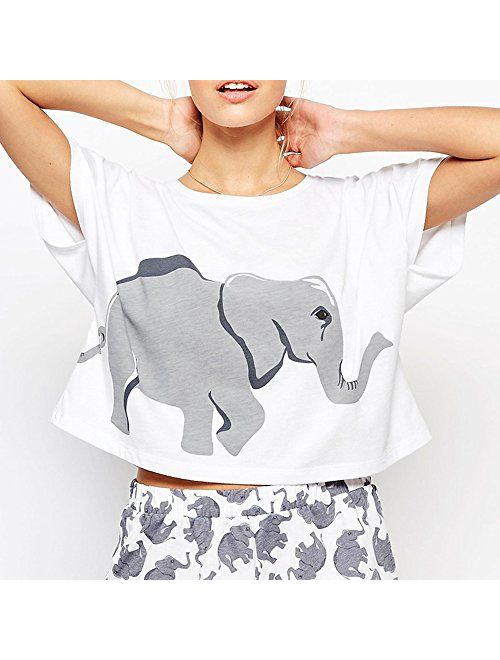 Sets Elephant Pajamas Women Cotton Home Wear Cute Sleep T Shirt Tops Shorts PJS Sleepwear Nightwear Teen Girls