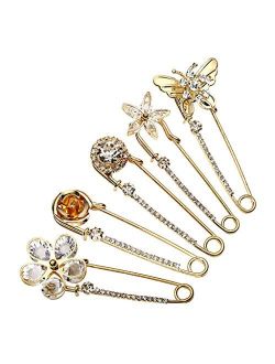 Top Plaza Pack of 5 Women Fashion Rhinstone Crystal Accented Golden Safety Pin Jewelry Brooch Breastpin - Catch Scarf,Lapel or Collar
