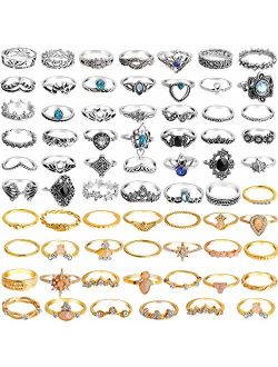 ONESING 69 Pcs Knuckle Rings Stackable Ring Set for Women Girls Bohemian Retro Vintage Joint Finger Rings Hollow Carved Flowers