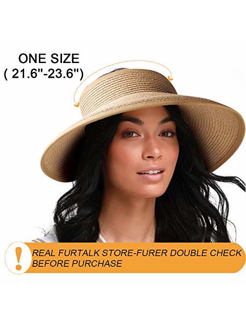 Sun Visor Hats for Women Wide Brim Straw Roll Up Ponytail Summer Beach Hat UV UPF 50 Packable Foldable Travel FURTALK