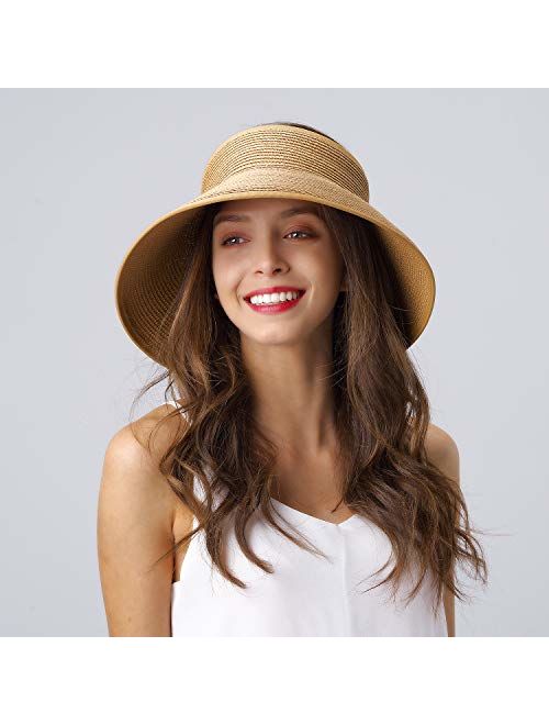 Sun Visor Hats for Women Wide Brim Straw Roll Up Ponytail Summer Beach Hat UV UPF 50 Packable Foldable Travel FURTALK