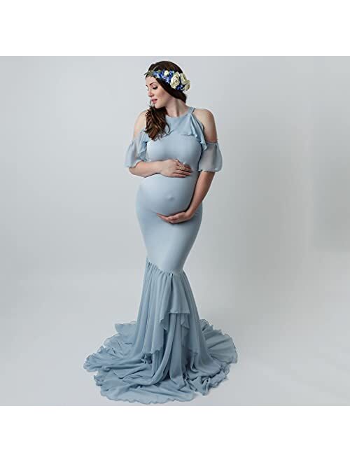 Maternity Dress for Photography Deep V Neck Chiffon Gown Split Front Lace Long Maxi Dresses