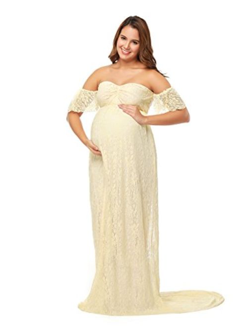 JustVH Maternity Off Shoulder Ruffle Sleeve Lace Wedding Gown Maxi Photography Dress for Photo Shoot Dress
