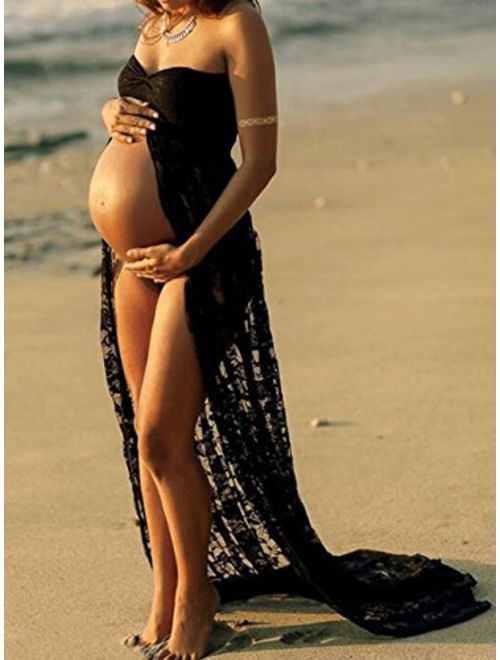 Women's Maternity Off Shoulder Split Front Lace Dress Sleeveless Maxi Dress