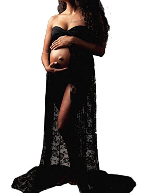 Women's Maternity Off Shoulder Split Front Lace Dress Sleeveless Maxi Dress