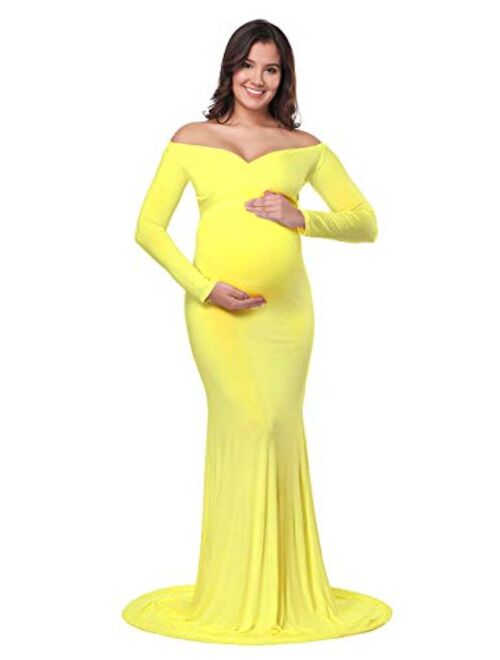 JustVH Maternity Elegant Fitted Maternity Gown Long Sleeve Cross-Front V Neck Slim Maxi Photography Dress for Photoshoot