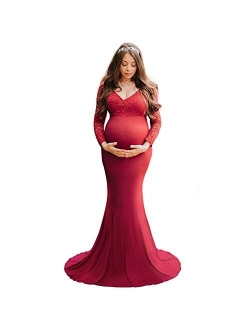Pregnant Women Mermaid Long Maxi Off Shoulder Gown Photo Shoot Maternity V Neck Lace Dress Baby Shower