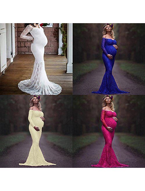 Pregnant Women Mermaid Long Maxi Off Shoulder Gown Photo Shoot Maternity V Neck Lace Dress Baby Shower