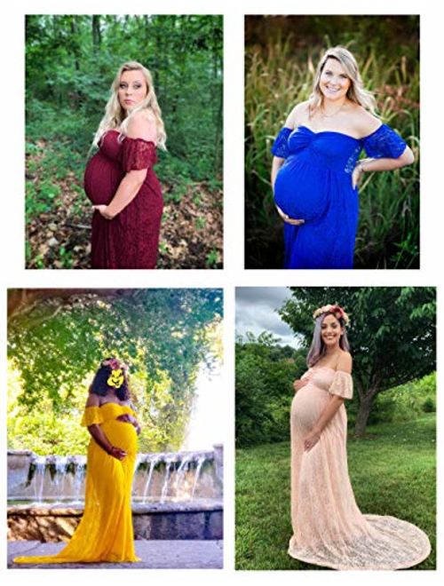 Women's Off Shoulder Ruffle Sleeve Lace Maternity Gown Plus Maxi Photography Dress