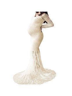 Mermaid Women's Off Shoulder V Neck Long Sleeve Lace Maternity Gown Maxi Photography Dress Baby Shower Photo Shoot