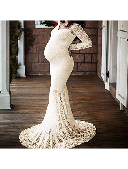 Mermaid Women's Off Shoulder V Neck Long Sleeve Lace Maternity Gown Maxi Photography Dress Baby Shower Photo Shoot