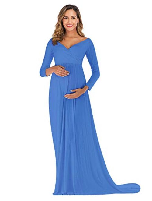JustVH Maternity Off Shoulder Half Circle Fitted Gown Maxi Photography Dress for Photo Shoot Photo Props Dress