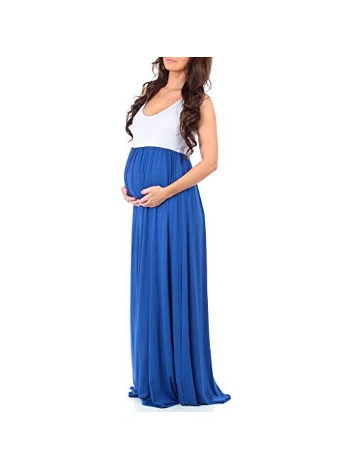 Mother Bee Maternity Sleeveless Ruched Color Block Maxi Maternity Dress