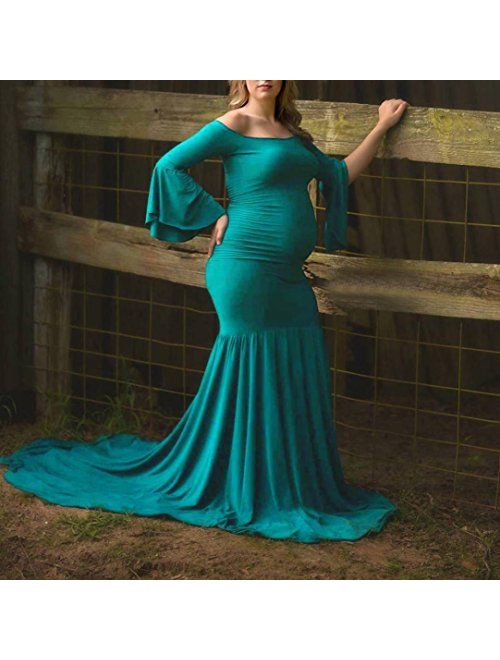 Gocheaper Pregnants Maternity Dresse,Women Ruffled Trailing Dress Photography Skirt Sexy Off Shoulders Long Dress