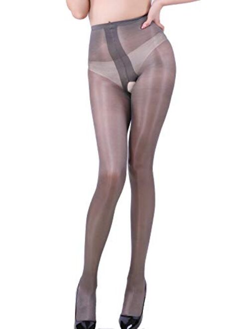 E-Laurels Women's Sheer Crotchless Pantyhose Open Crotch High Waist Tights Sexy Shiny Silk Stockings Ultra Shimmery