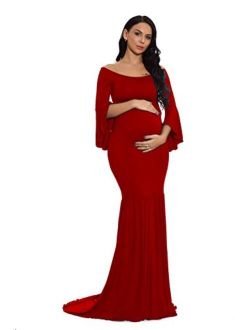 ZIUMUDY Maternity Retro Off Shoulder Flare Sleeves Mermaid Gown Maxi Photography Dress for Baby Shower
