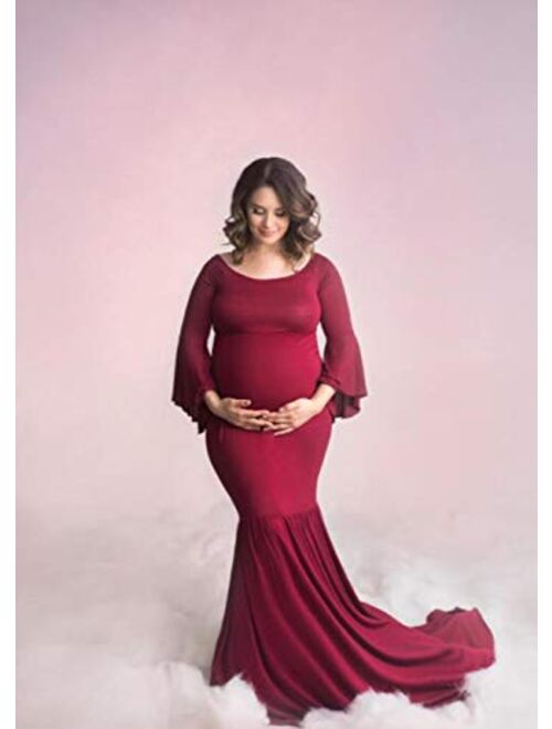 ZIUMUDY Maternity Off Shoulder Flare Sleeves Mermaid Gown Maxi Photography Dress
