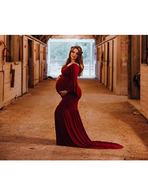 ZIUMUDY Maternity Off Shoulder Flare Sleeves Mermaid Gown Maxi Photography Dress