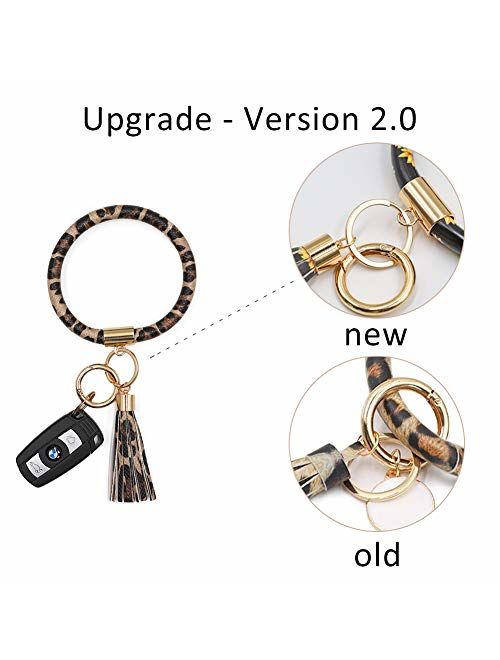 Mwfus Upgrade Round Keychain Bracelet Leather Wristlet Keychain, Large Circle Bangle Keyring Tassel Holder for Women Girls