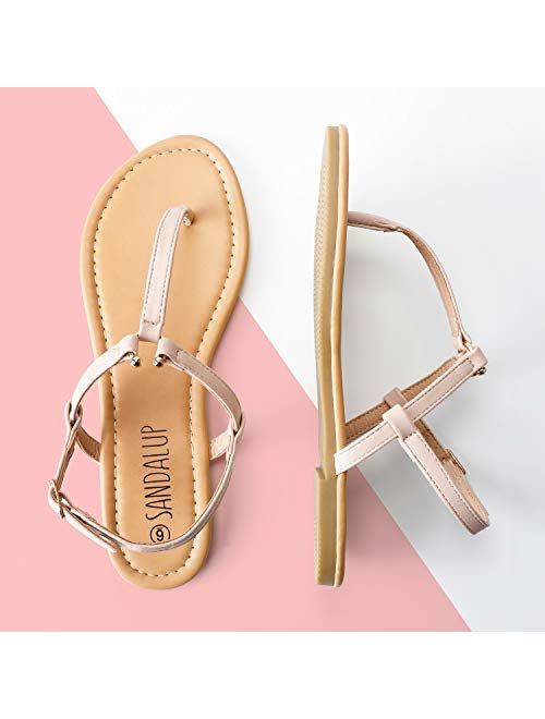 SANDALUP Thong Flat Sandals with Ring Metal Buckle for Women Summer