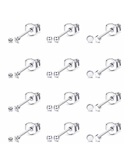Milacolato 12-24 Pairs Tiny Stainless Steel Stud Earrings for Mens Womens Small Endless Hoops Earrings Set CZ Ball Stud for Lip Tragus Cartilage Piercing Jewlry