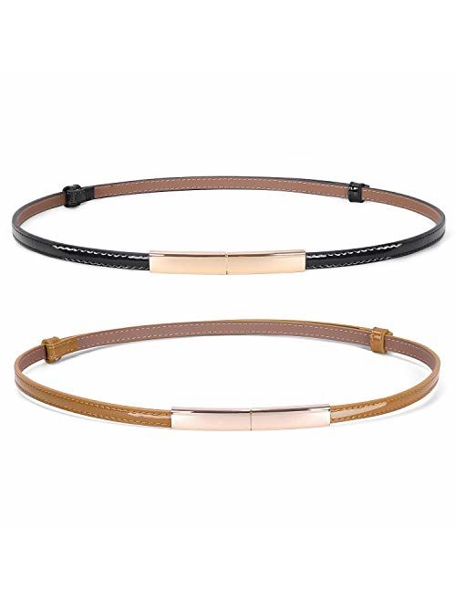 JASGOOD Women's Skinny Patent Leather Belt Adjustable Slim Waist Belt with Gold Buckle for Dress Fit 24-40Inch