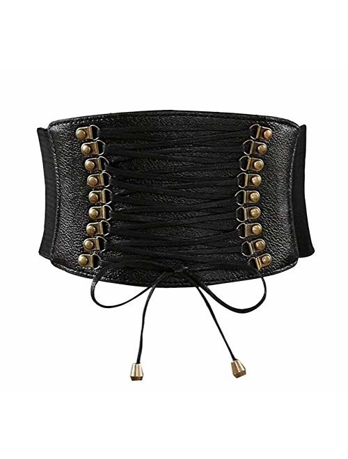 Womens PU Leather High Waist Belt Wide Elastic Stretch Cincher Corset Lace up Band