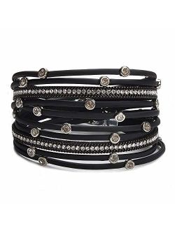 TASBERN Women Leather Wrap Bracelet Stud Beads Crystal Cuff Bracelets Jewelry for Ladies Girls
