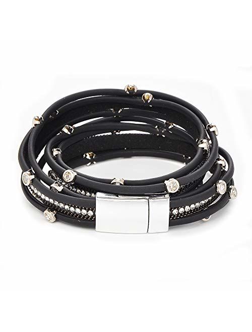 TASBERN Women Leather Wrap Bracelet Stud Beads Crystal Cuff Bracelets Jewelry for Ladies Girls