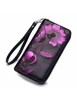 Women RFID Leather Wallet Hand Painted Flowers Ladies Wristlet Wrist strap Long Purse-Peony/Bauhinia