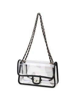 Lam Gallery Womens PVC Clear Purse Handbags for Working NFL Stadium Approved Bag Turn Lock Chain Shoulder Bag