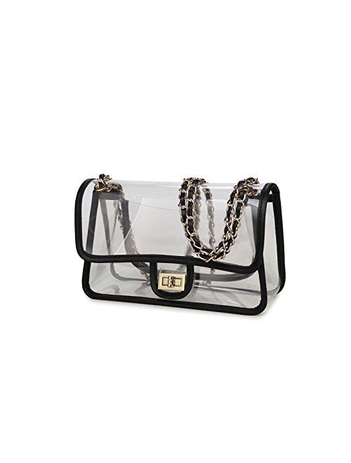 Lam Gallery Womens PVC Clear Purse Handbags for Working NFL Stadium Approved Bag Turn Lock Chain Shoulder Bag