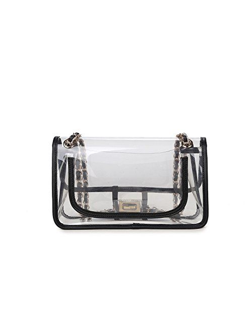 Lam Gallery Womens PVC Clear Purse Handbags for Working NFL Stadium Approved Bag Turn Lock Chain Shoulder Bag