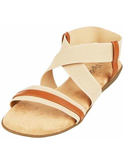Floopi Sandals for Women Open Toe Memory Foam Insole Comfy Gladiator/Criss Cross-Design Summer Sandals W/Zip Up Back Faux Leather Ankle Straps W/Flat Sole
