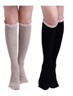 THXXE Womens Cotton Knit Boot Socks, Knee High Tube Socks Stockings with Lace Trim for women, 2 Pairs