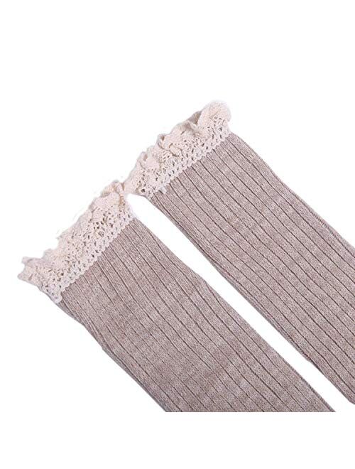THXXE Womens Cotton Knit Boot Socks, Knee High Tube Socks Stockings with Lace Trim for women, 2 Pairs
