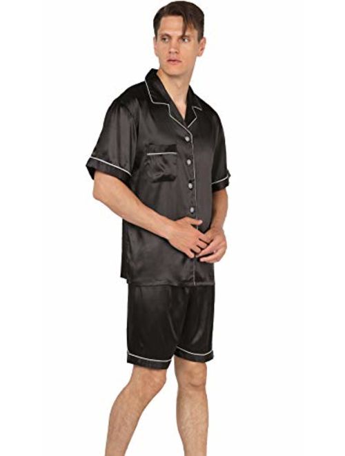 YIMANIE Mens Satin Pajamas Set Short Sleeve and Shorts Classic Sleepwear Loungewear